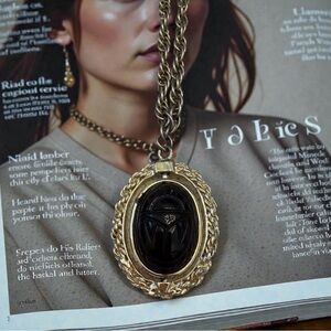 Vintage Unique Egyptian Style Scarab Black & Silver Tone Pendant Necklace